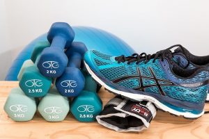 dumbbells, sneakers