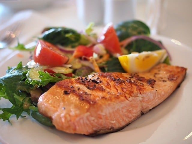 pescatarian diet. grilled salmon with salad
