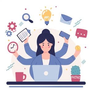 cartoon image of woman multi-tasking 