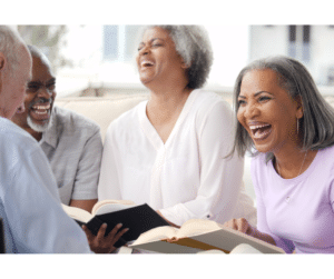 happy group of seniors with books