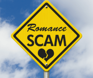 caution sign about romance scams against seniors