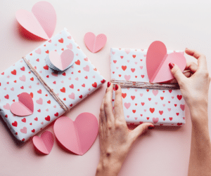 gift with heart wrapping paper and heart card