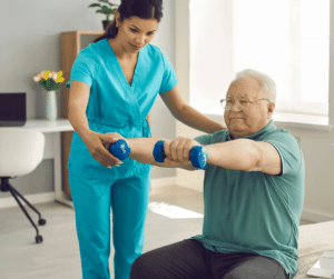 man in home rehab with exercise personal trainer
