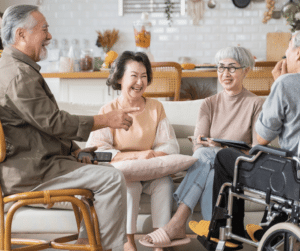 group or senior asian friends at home
