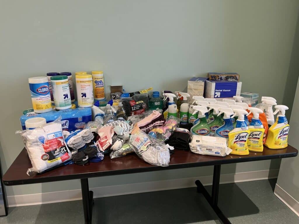 table with donations for local charity