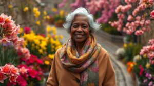 black woman happy walking outside among flowers