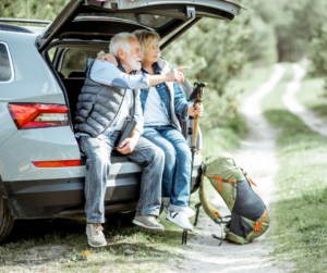 senior couple ready to go hiking